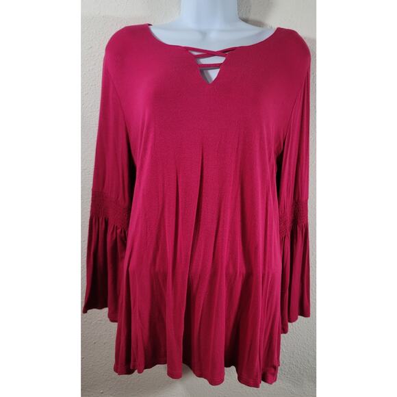 Cato Fuchsia Crisscross V Neck Bell Sleeves Top Large Lightweight Soft Stretchy - Picture 1 of 7